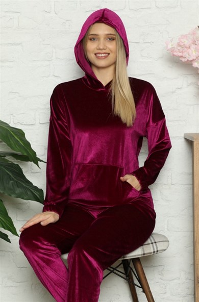Kadın Kadife Kapşonlu Pijama Takımı